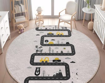 Nordic Woodland Road Rug, Round Kids Play Mat (Deer & Bear Motifs)