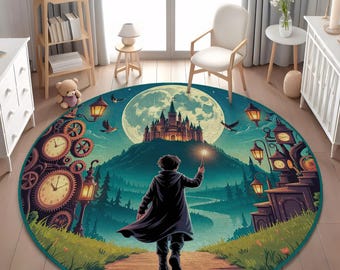 Wizard Boys Room Rug: Fantasy Castle Scene (Soft, Non-Slip, Washable)