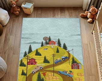 Farm Road Kids Rug - Educational Play Mat with Toy Car Paths