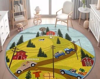 Countryside Road Kids Play Mat: Farm Vehicles, Mountain Village Scene