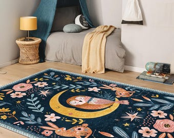 Night Sky Girls Rug: Owl and Floral Design (Soft, Non-Slip)