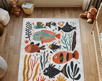 Scandinavian Underwater World Kids Rug, Sea Animals Nursery Play Mat(Soft, Non-Slip)
