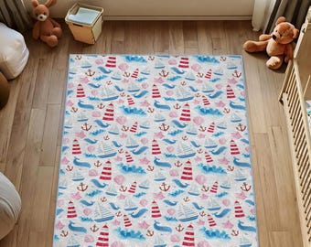 Nautical Kids Rug: Lighthouse, Sailboat & Whale Design