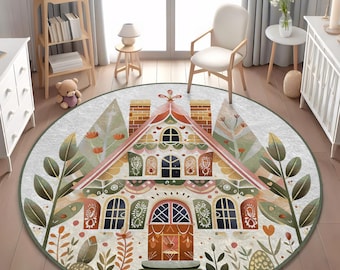 Whimsical Fairy House Nursery Rug - Soft, Colorful, Folk Art Playroom Mat