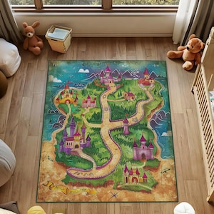 May include: A colorful children's rug featuring a whimsical map design with castles, roads, and a sea. The rug has a green, blue, and tan color scheme, with a yellow banner at the bottom. The map design is a playful and imaginative theme.