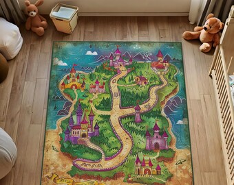 Princess Castle Road Map Rug: Fantasy World Play Mat for Girls Room