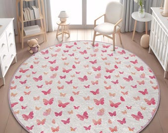 Pink Butterfly Kids Rug: Round Toddler Mat for Girls' Room
