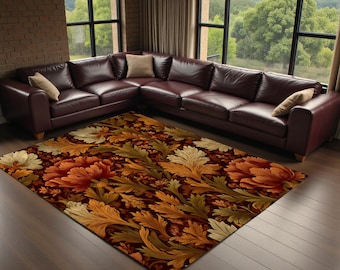 May include: A rectangular area rug featuring a dense, repeating pattern of large, stylized floral and acanthus leaf motifs in shades of deep burgundy, burnt orange, golden yellow, and olive green on a dark brown background.