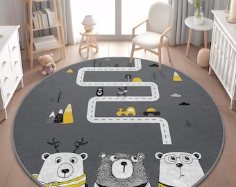 Round Kids Rug: Nordic Forest Road with Bears (Grey Yellow)