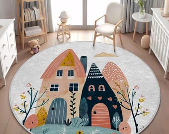 Round Nordic Fairy House Kids Rug, Pink and Navy Scandinavian Nursery Decor