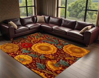 May include: A rectangular area rug featuring a deep red background with a dense, repeating pattern of large, golden-yellow sunflowers and smaller red blossoms, accented by sage green foliage and intricate, swirling vine-like botanical details.