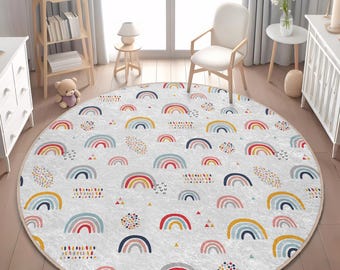 Boho Rainbow Round Kids Rug | Non-Slip Colorful Nursery Play Mat