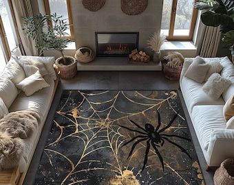 Spider Web Area Rug: Spooky Black and Gold Design (Machine Washable)