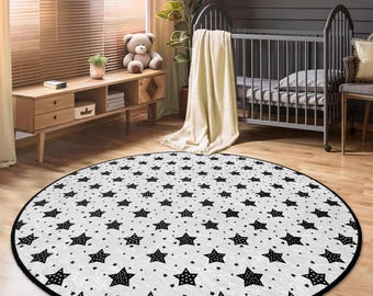 Black Star Kids Rug: Round, Non-Slip, Monochrome Nursery Mat