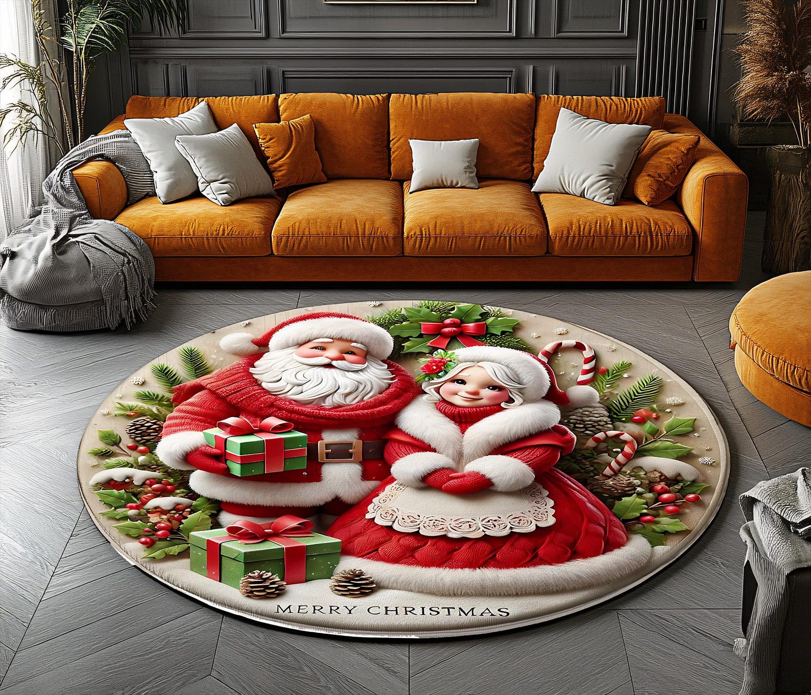 Holiday Round Rug, Santa and Mrs. Claus (non-slip, Washable) - Etsy