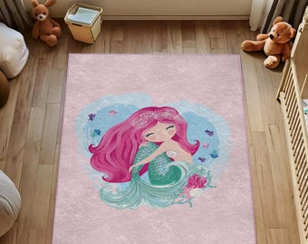 Mermaid Girls Room Rug: Pink Nursery Mat with Colorful Fish