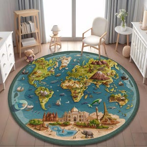 Può includere: Un tappeto rotondo con un design colorato della mappa del mondo. Il tappeto ha uno sfondo blu oceano con continenti verdi e beige. Sono inclusi monumenti iconici e illustrazioni di animali e navi.