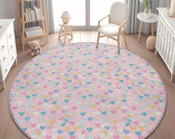 Colorful Hearts Nursery Rug: Round Pink Kids Play Mat (Non-Slip)