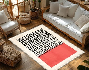 Modern Abstract Rug: Mid Century Style with Black Dots (Non-Slip, Machine Washable)