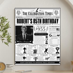 May include: A black and white poster titled The Celebration Times, featuring a portrait of a person in a suit, the text Robert's 85th Birthday, and historical facts from 1955 including US President, world population, and popular culture icons.