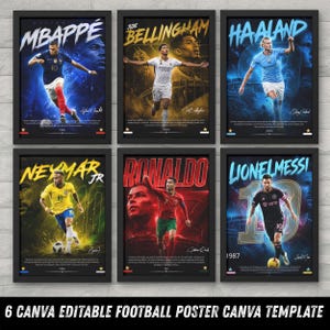 Può includere: Sei poster di calcio incorniciati con giocatori famosi: Mbappé, Bellingham, Haaland, Neymar Jr., Ronaldo e Lionel Messi. Ogni poster presenta un'azione dinamica del giocatore, con il suo nome in grassetto e i colori della squadra. I poster sono in cornici nere.