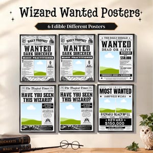 Wzard Wanted Poster Set, Vintage Wzard Newspaper Prints, Fantasy Party Decor, Magical Wall Art, Set of 6 Digital Poster Designs