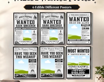 Wzard Wanted Poster Set, Vintage Wzard Newspaper Prints, Fantasy Party Decor, Magical Wall Art, Set of 6 Digital Poster Designs