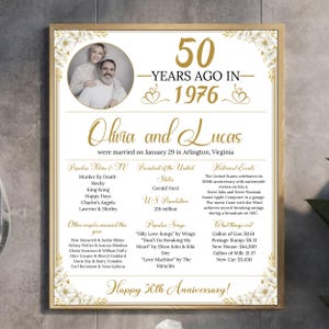 May include: A framed print commemorating a 50th wedding anniversary. The design includes a couple's photo, the text "50 Years Ago in 1976," and lists popular films, songs, and historical events from that year. The text reads "Happy 50th Anniversary!"