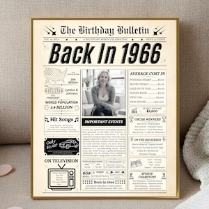 May include: A cream-colored poster titled The Birthday Bulletin Back In 1966 featuring a central black and white photograph of a person, surrounded by historical facts, statistics, and pop culture trivia from 1966 in a newspaper-style layout.