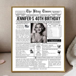 Może przedstawiać: Oprawiony wydruk z gazety upamiętniający 40. urodziny Jennifer, z datą 18 lipca 1984 roku. Czarno-biały projekt zawiera zdjęcie Jennifer, a także szczegóły dotyczące roku, w tym popularne filmy, książki i prezydenta.
