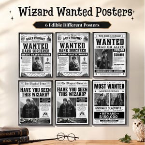 Op de afbeelding: Zes zwart-wit printbare tovenaars gezocht-posters met tekst en afbeeldingen van personages. De posters bevatten titels zoals The Daily Prophet, The Magical Times en The Daily Herald, met diverse beloningsbedragen en waarschuwingen.