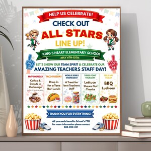 May include: A rectangular flyer titled HELP US CELEBRATE! CHECK OUT ALL STARS LINE UP! for King's Heart Elementary School May 6th-10th. It lists daily events like Coffee & Donuts, Taco Bar, and BBQ Lucheon with cartoon characters and food illustrations.
