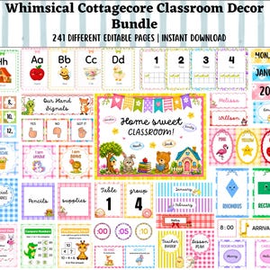 Puede incluir: Un paquete de decoración para el aula digital que incluye 241 páginas editables con ilustraciones de animales, naturaleza y formas. El texto incluye "Whimsical Cottagecore Classroom Decor Bundle", "Home sweet CLASSROOM!", tarjetas del alfabeto, números, fechas de calendario y etiquetas.
