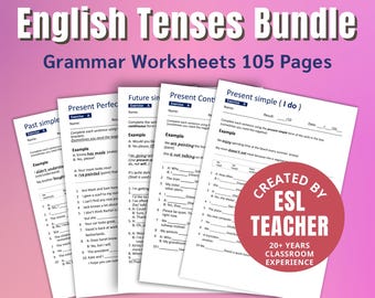 English Tenses Bundle Worksheets PDF | 105 pages, 1,046 ESL Questions  | Printable Grammar Practice | By an ESL teacher with 20+ years