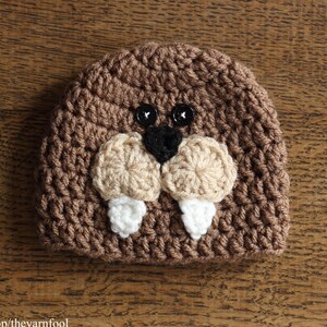 May include: A brown crocheted hat with a walrus face. The hat has black eyes, a black nose, and white crocheted tusks.