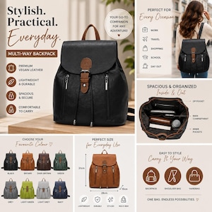 May include: A black multi-way backpack with a brown flap closure, silver zips, and two vertical front pockets. The bag features a top handle and adjustable straps. A diagram shows dimensions of 28 cm by 15 cm by 31 cm and interior compartments.
