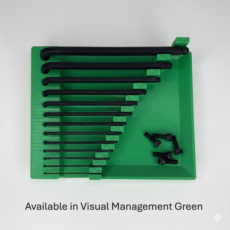 Top-down view of optional Visual Management green 3D-printed Bondhus inch Allen wrench organizer tray containing nine black hex keys. The tray features a built-in magnetic parts area on the right with several black socket head screws. Each wrench slot is labeled with embossed inch sizes from .05" to 3/8". Image was created with AI to change color to green and conserve resources by not producing item till ordered.