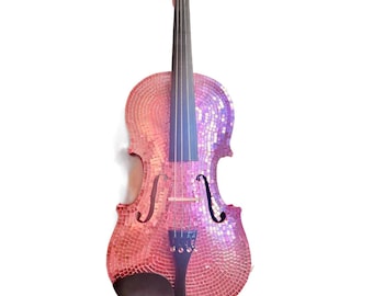 Violín Bola de Discoteca Rosa – Instrumento de tamaño completo adornado con azulejos de espejo hechos a mano