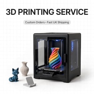 May include: A black 3D printer containing a rainbow-coloured spiral vase, with a dark blue geometric fox figurine, a white fluted vase, and a grey phone stand nearby. The text reads 3D PRINTING SERVICE and Custom Orders • Fast UK Shipping.
