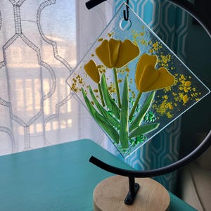 fused glass art 6&quot;x 6&quot; yellow tulips