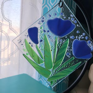 fused glass art 6&quot;x 6&quot; violet tulips