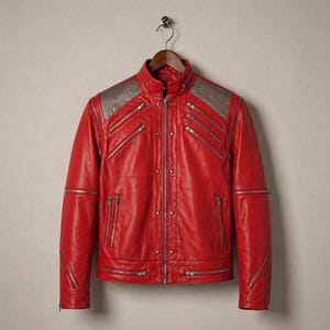 Può includere: Giacca in pelle rosso vivo con dettagli argentati sulle spalle e sulle maniche. La giacca presenta multiple tasche con cerniera e un colletto rialzato. È appesa a una gruccia di legno su uno sfondo neutro.