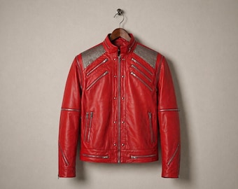 Giacca Beat It di Michael Jackson – Costume da motociclista in pelle rossa per uomo / Cappotto tributo a MJ in stile concerto