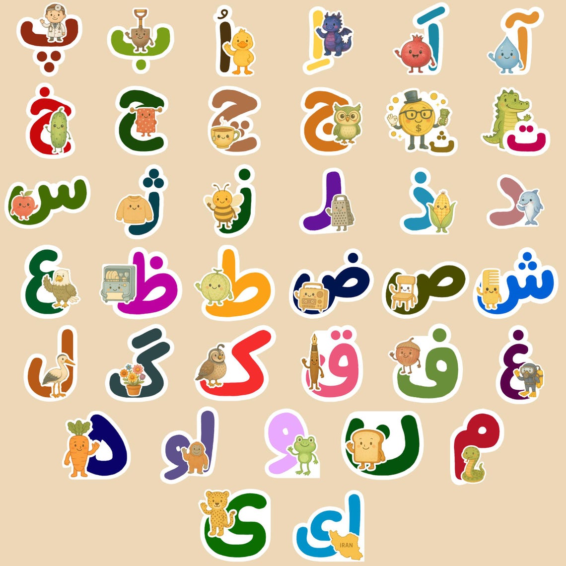 Waterproof Persian Alphabet Stickers | Farsi Letters With Extra Vowels ...
