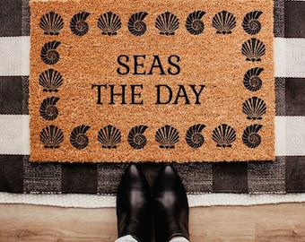 Seas The Day Doormat, Beach Lover Welcome Mat, Coastal Shell Doormat, Summer Entryway Decor