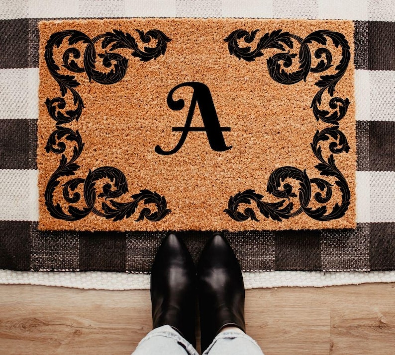 Custom Initial Doormat With Ornate Baroque Frame, Personalized Monogram ...
