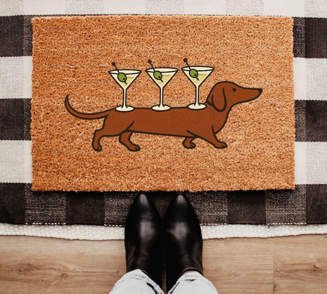 Funny Dachshund Doormat, Martini Dog Welcome Mat, Cocktail Lover Entryway Door Rug Gift