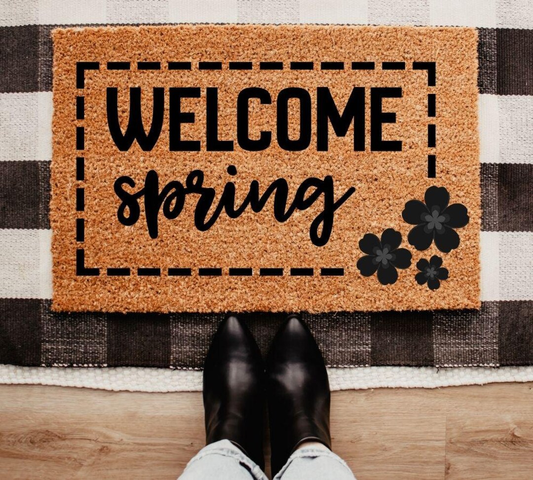 Floral Spring Doormat, Welcome Spring Mat, Seasonal Outdoor Rug, Flower ...