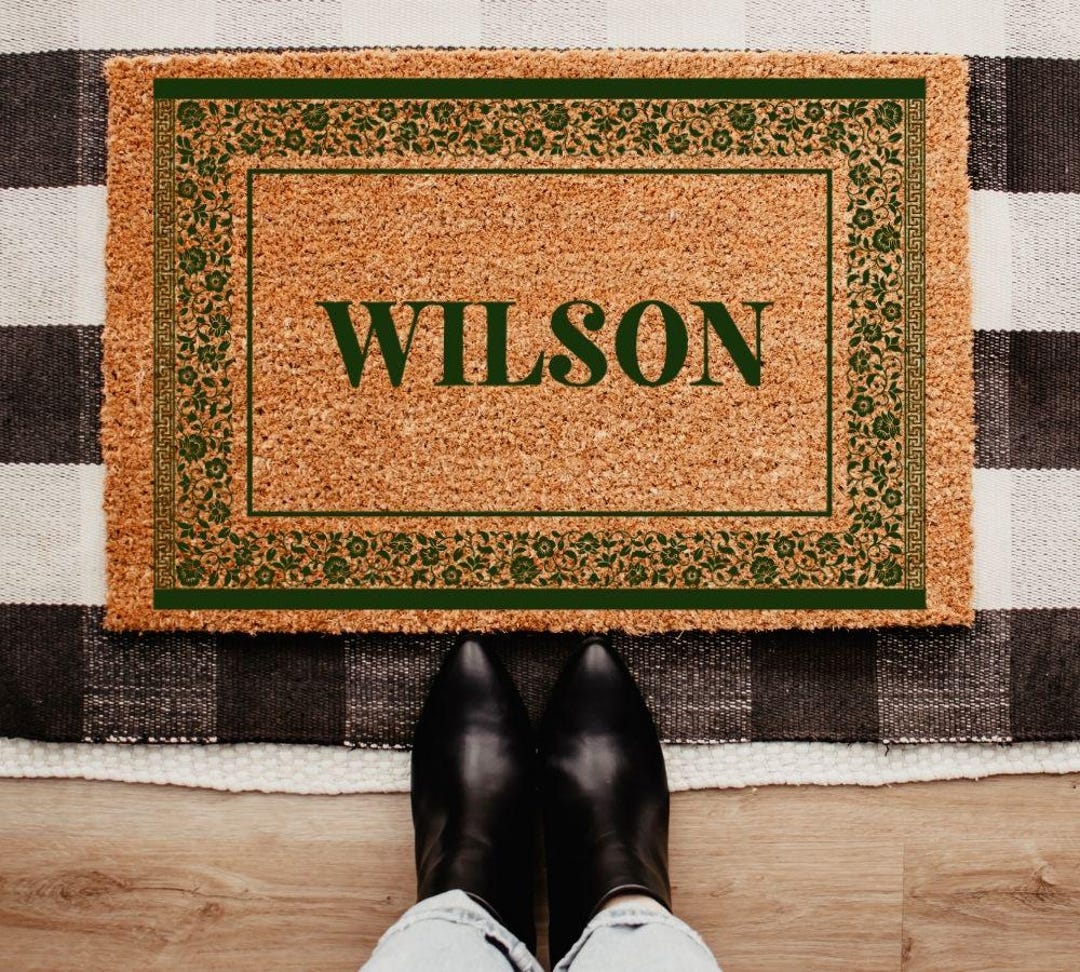 Custom Last Name Doormat, Personalized Family Welcome Mat, Classic Floral Border Design - 24x36