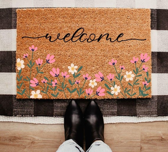Pink Floral Welcome Doormat, Coir Doormat for Spring Season, Front Door Decor
